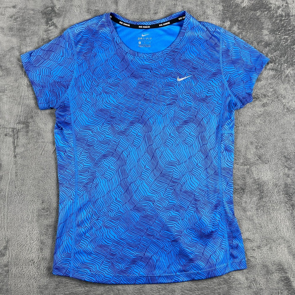 Nike Dri Fit Running Top Womens Medium Blue Wavy Graphic Print Moisture Wicking